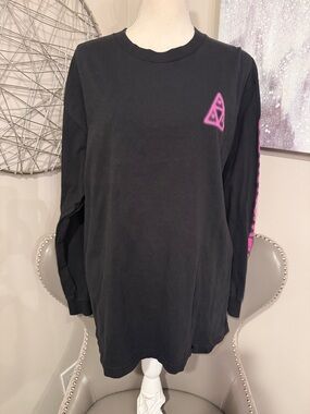 HUF WORLDWIDE Black Long Sleeve Tee with Neon Pink Geometric Logo